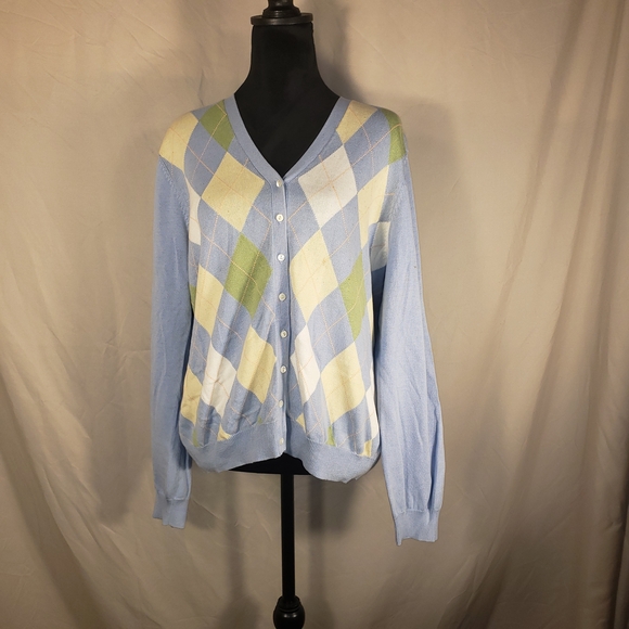 Brooks Brothers Sweaters - Women's Brooks Brothers Light Blue Argyle Cardigan - XL